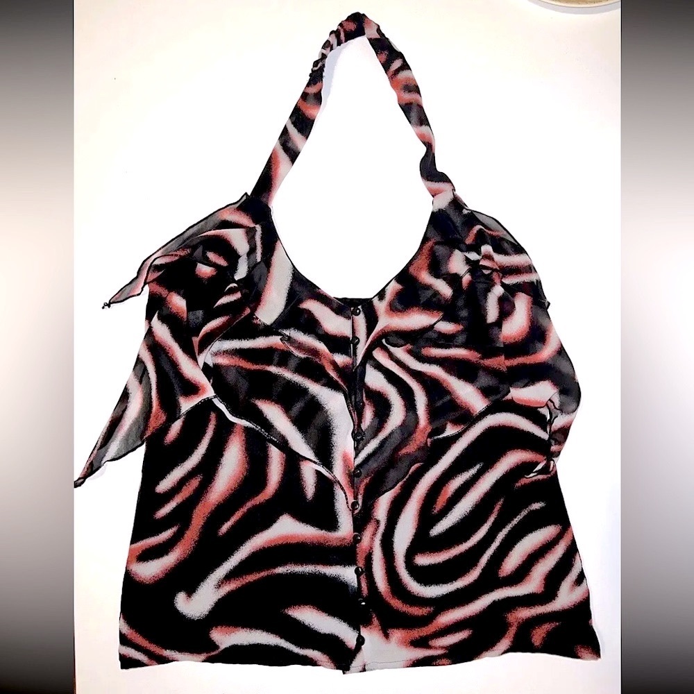 Y2K 100% Silk Bebe Ruffle Halter Top ButtonUp Shirt Party Womens Sz M Black Pink